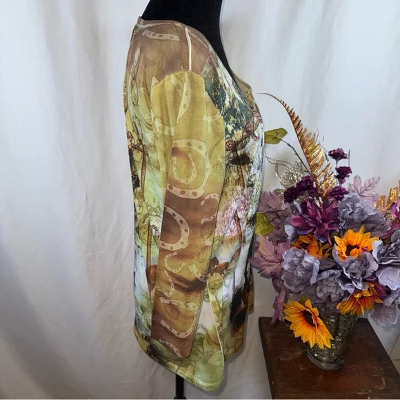 Rebecca Malone Western Horse Wild West Graphic Tunic Top Sheer Long Sleeve L - Picture 4 of 8